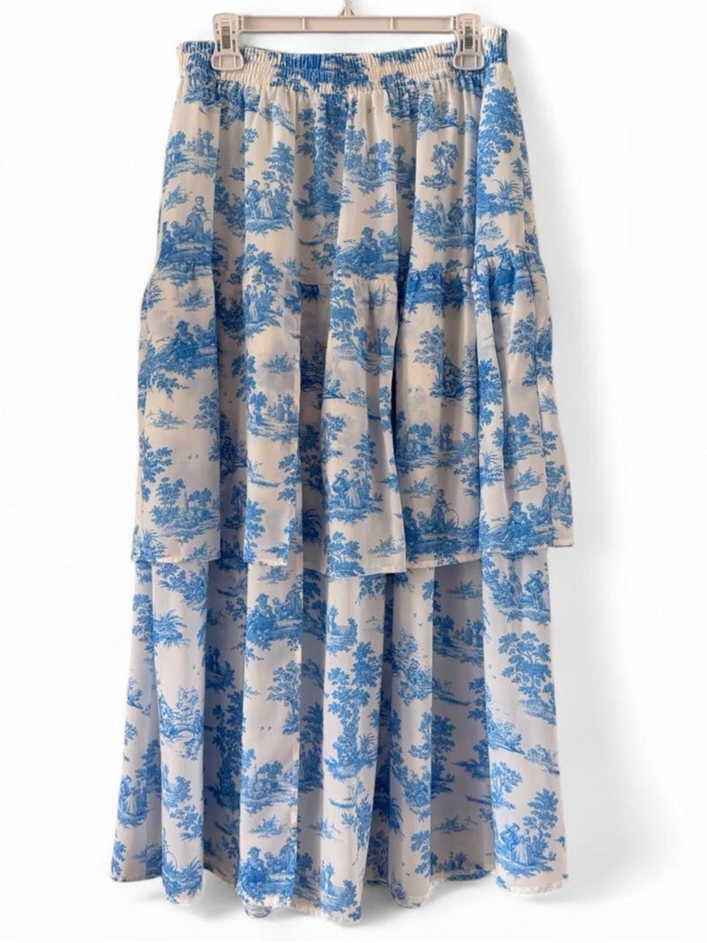 Blue Toile Tiered Maxi Skirt - Women's Skirt-Size L